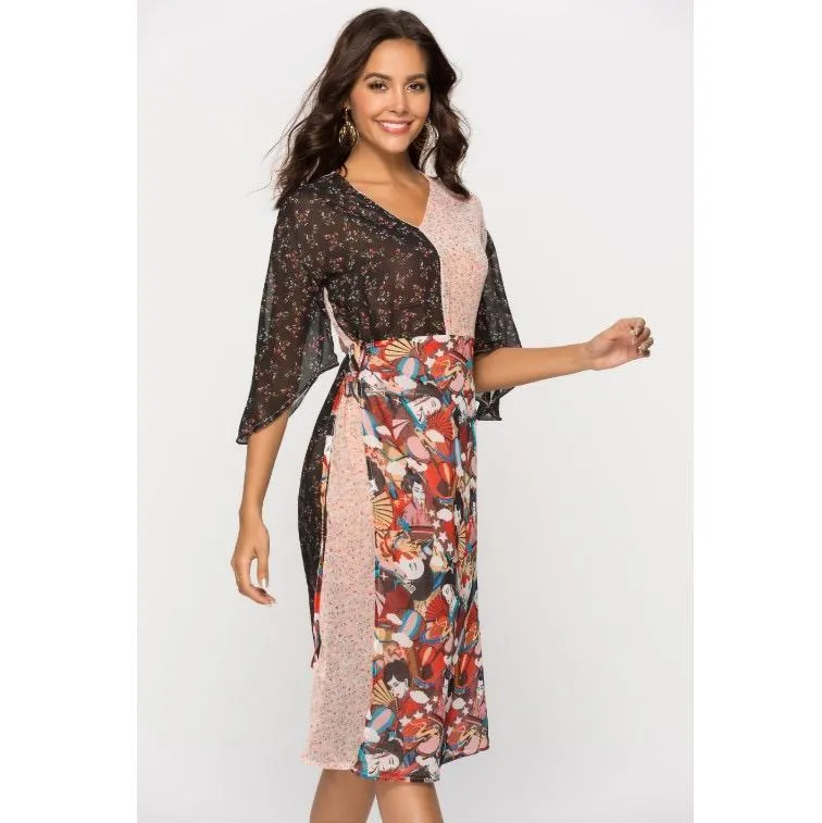 V-Neck Floral Patchwork Belt Bohemian Bell Sleeve Skater Dresses