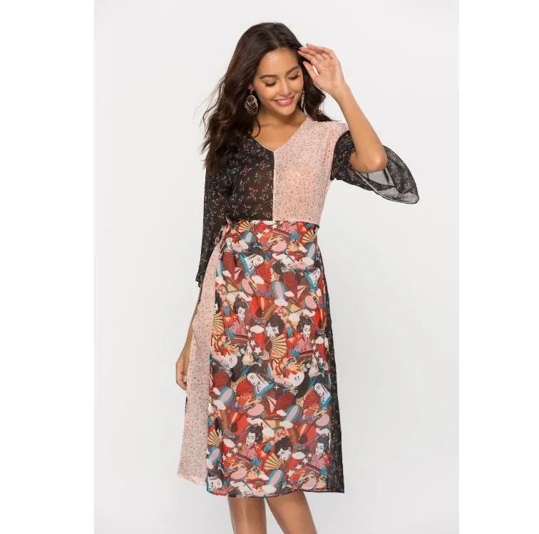 V-Neck Floral Patchwork Belt Bohemian Bell Sleeve Skater Dresses