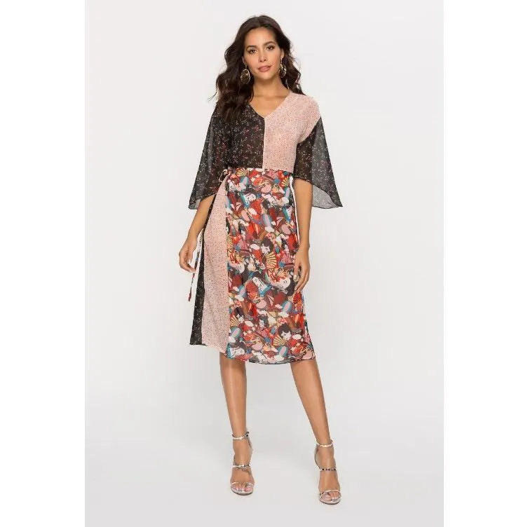 V-Neck Floral Patchwork Belt Bohemian Bell Sleeve Skater Dresses