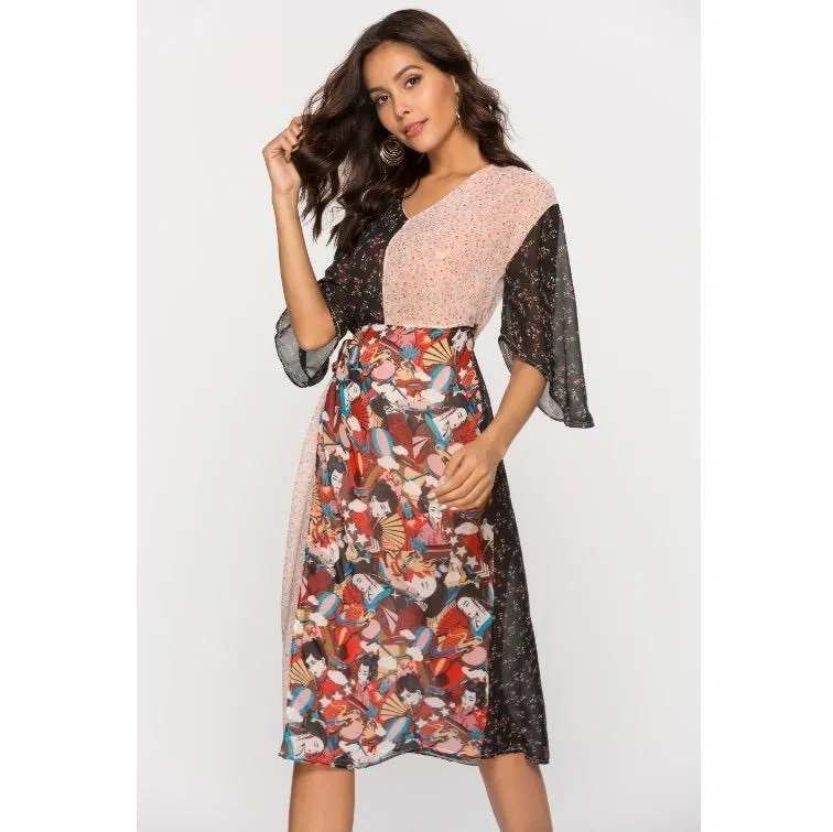 V-Neck Floral Patchwork Belt Bohemian Bell Sleeve Skater Dresses