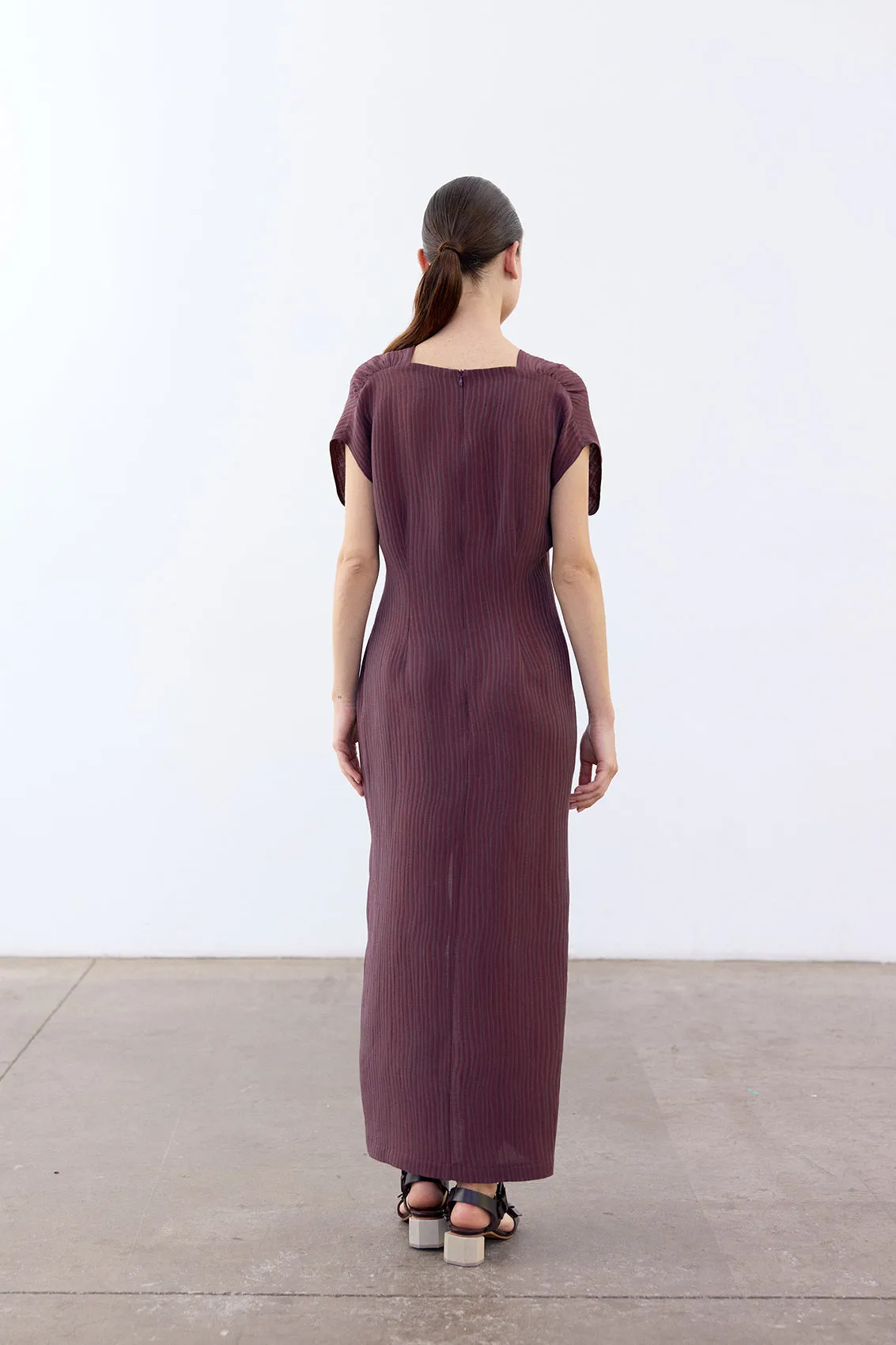 V-Neck Streaked Silk-Linen Long Dress - Mora