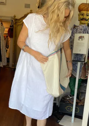 VEENA LINEN PINTUCK DRESS with LACE - WHITE