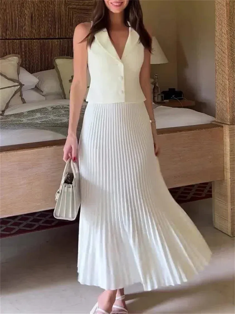 White Knit Top And High Waist Skirt Suit