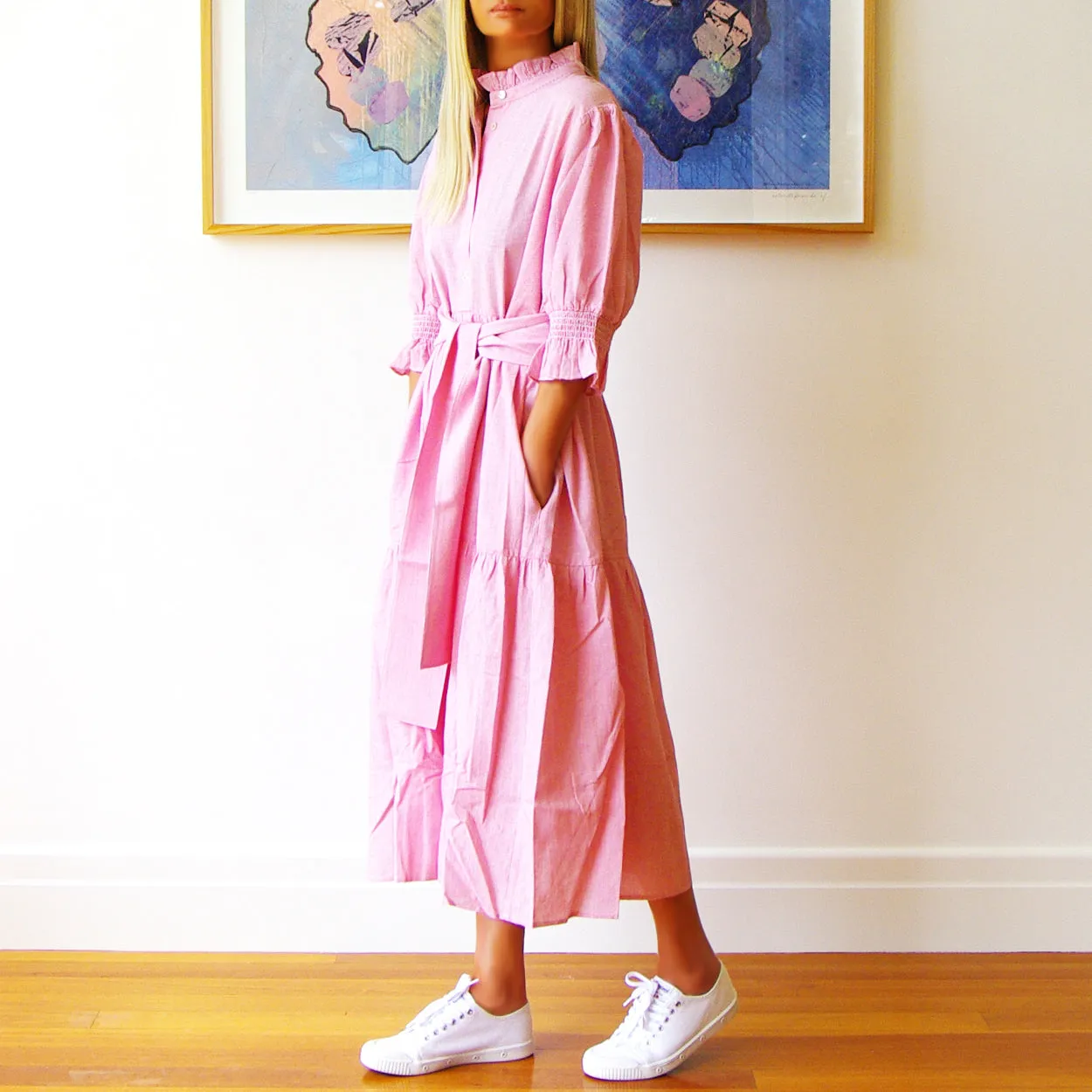 Who's Charlie Lottie Dress - Fine Stripe Pink & White (optional belt)