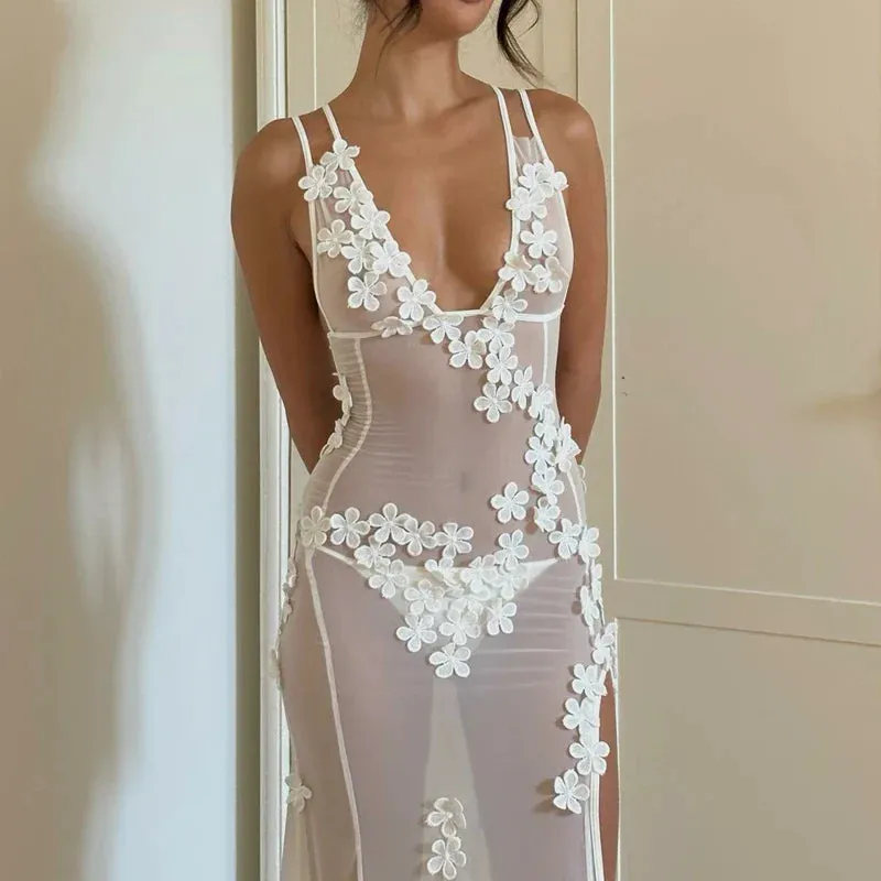Women Sexy Backless V Neck Split Floral Sheer Mesh Boho Beach Cover-ups Lace Dress