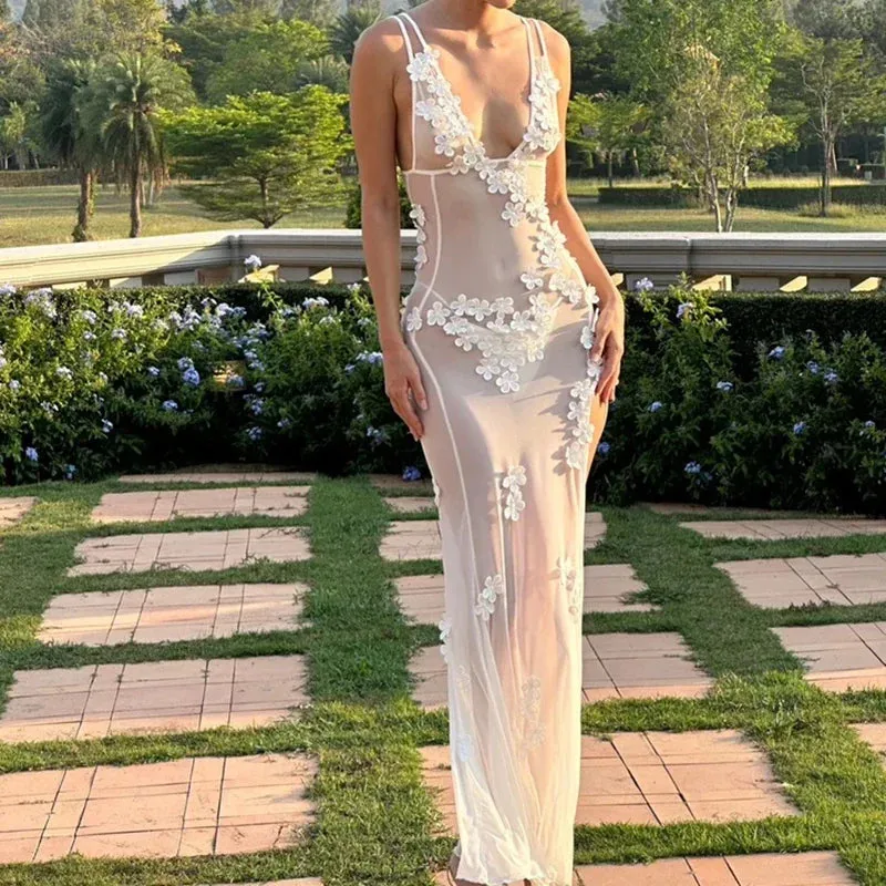 Women Sexy Backless V Neck Split Floral Sheer Mesh Boho Beach Cover-ups Lace Dress