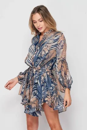 Women's Long Sleeved Palm Print Button Down flowy mini dress