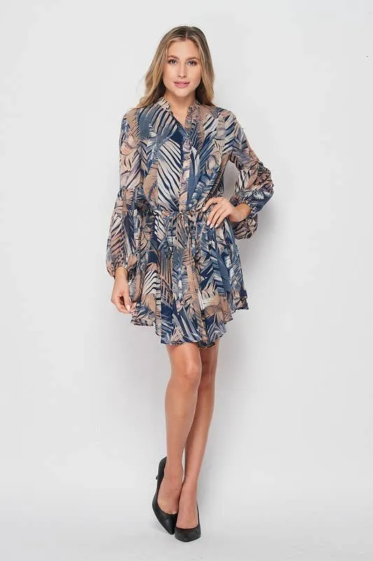 Women's Long Sleeved Palm Print Button Down flowy mini dress