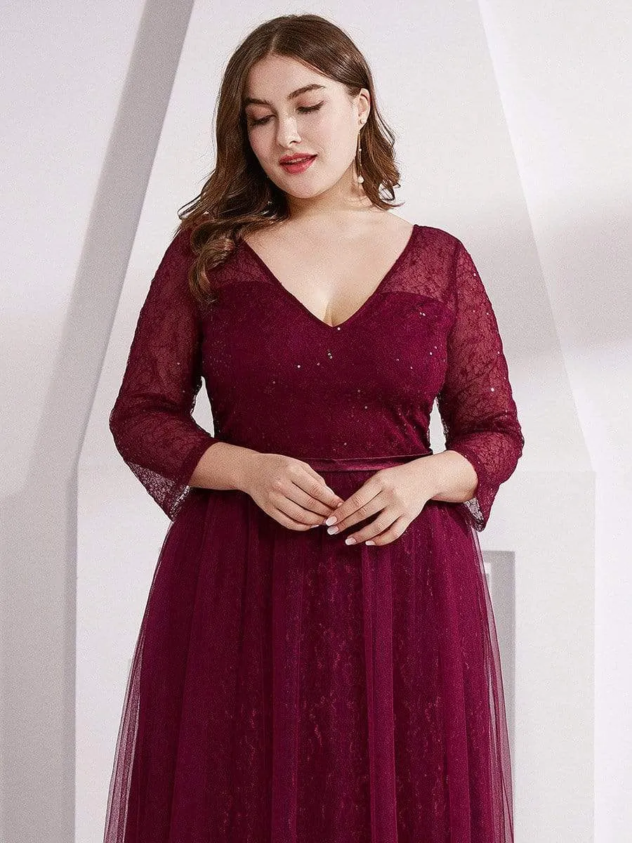 Women's V-Neck Lace Plus Size Wedding Guest Dresses with 3/4 Sleeve