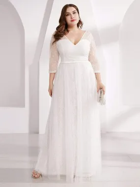 Women's V-Neck Lace Plus Size Wedding Guest Dresses with 3/4 Sleeve