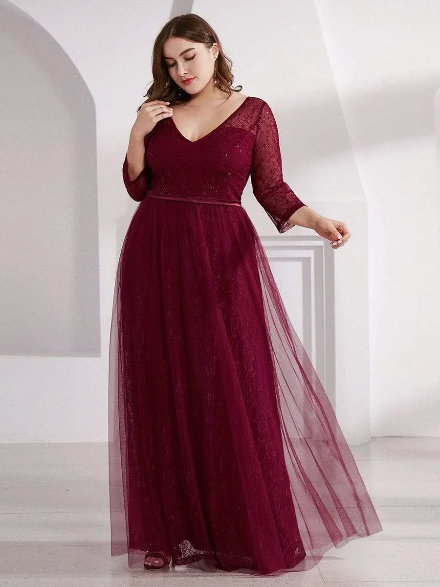 Women's V-Neck Lace Plus Size Wedding Guest Dresses with 3/4 Sleeve