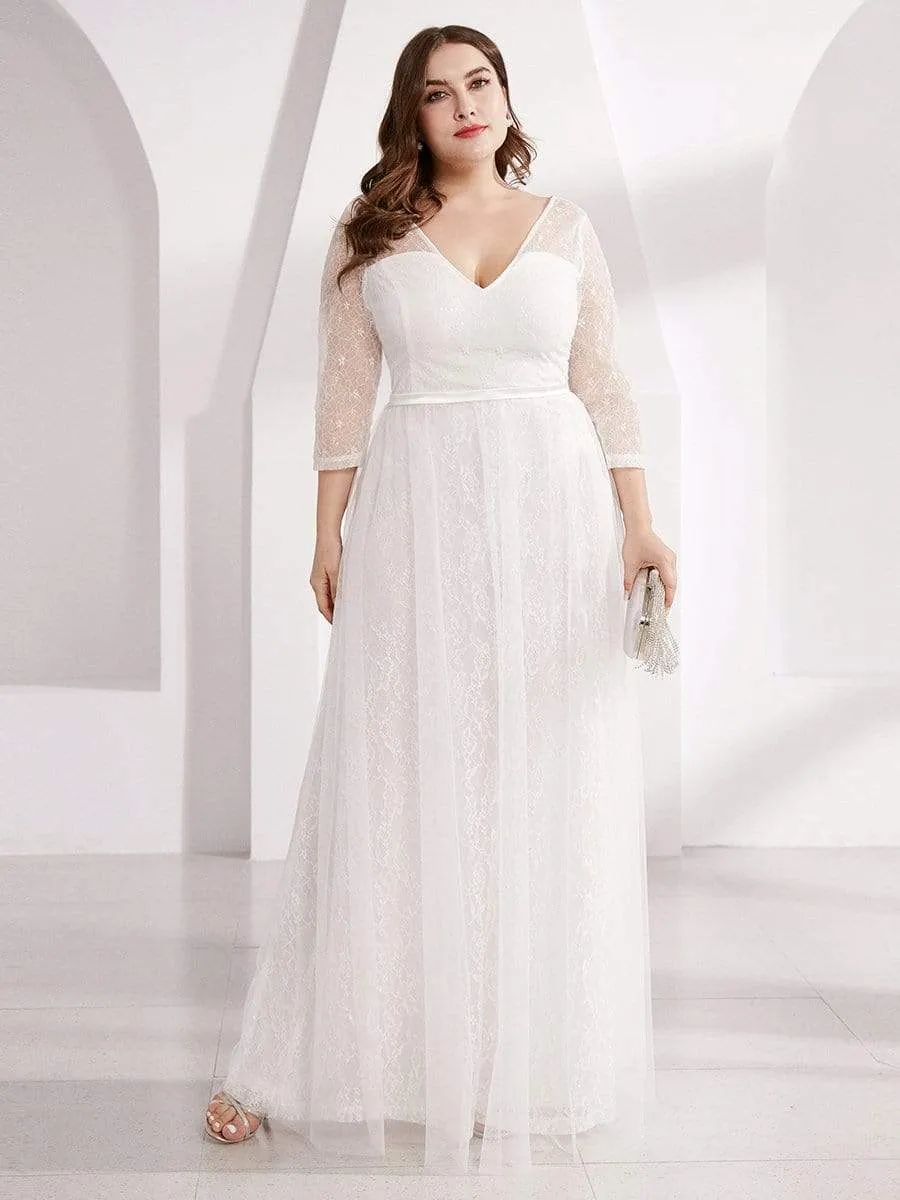 Women's V-Neck Lace Plus Size Wedding Guest Dresses with 3/4 Sleeve