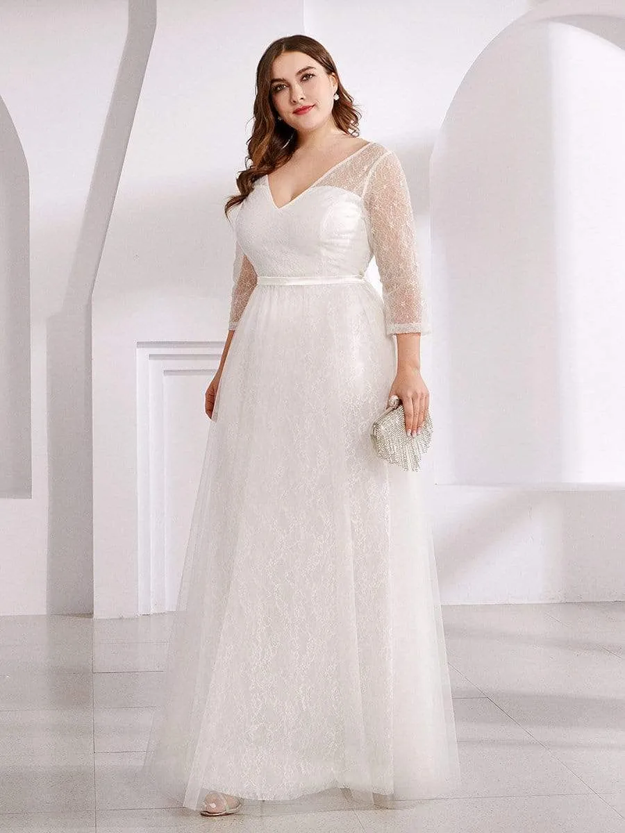 Women's V-Neck Lace Plus Size Wedding Guest Dresses with 3/4 Sleeve