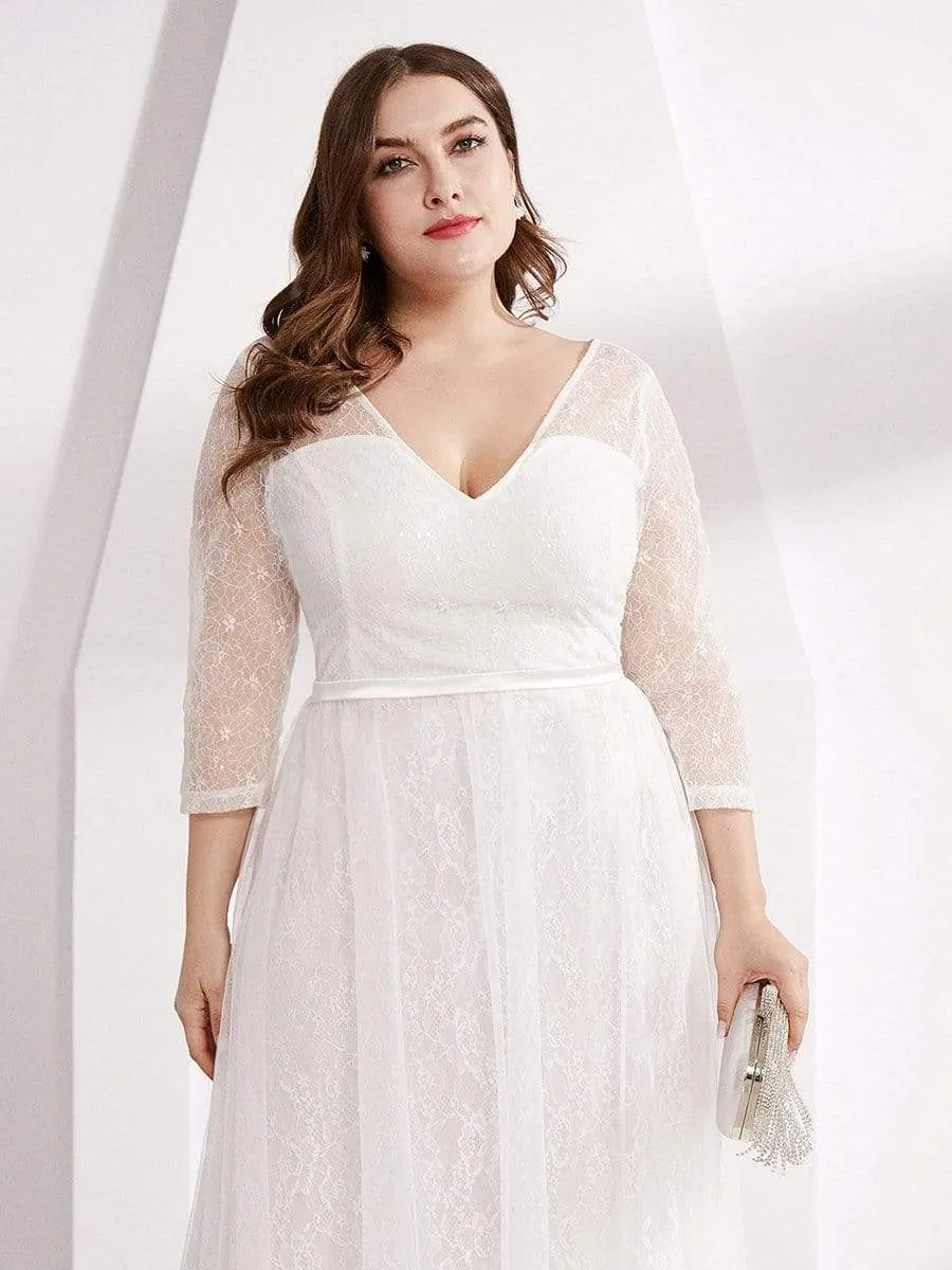 Women's V-Neck Lace Plus Size Wedding Guest Dresses with 3/4 Sleeve