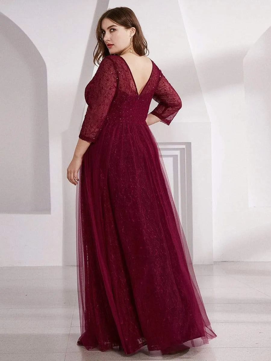 Women's V-Neck Lace Plus Size Wedding Guest Dresses with 3/4 Sleeve