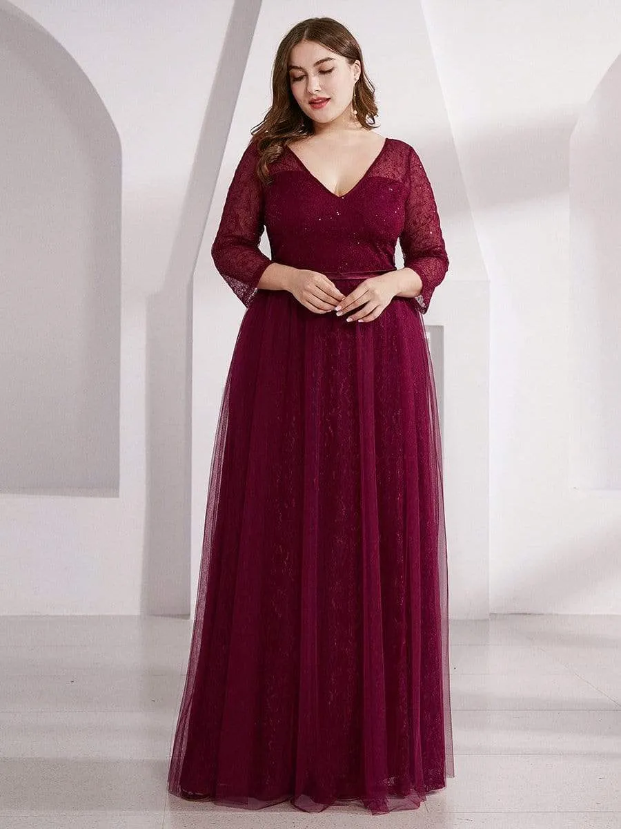Women's V-Neck Lace Plus Size Wedding Guest Dresses with 3/4 Sleeve