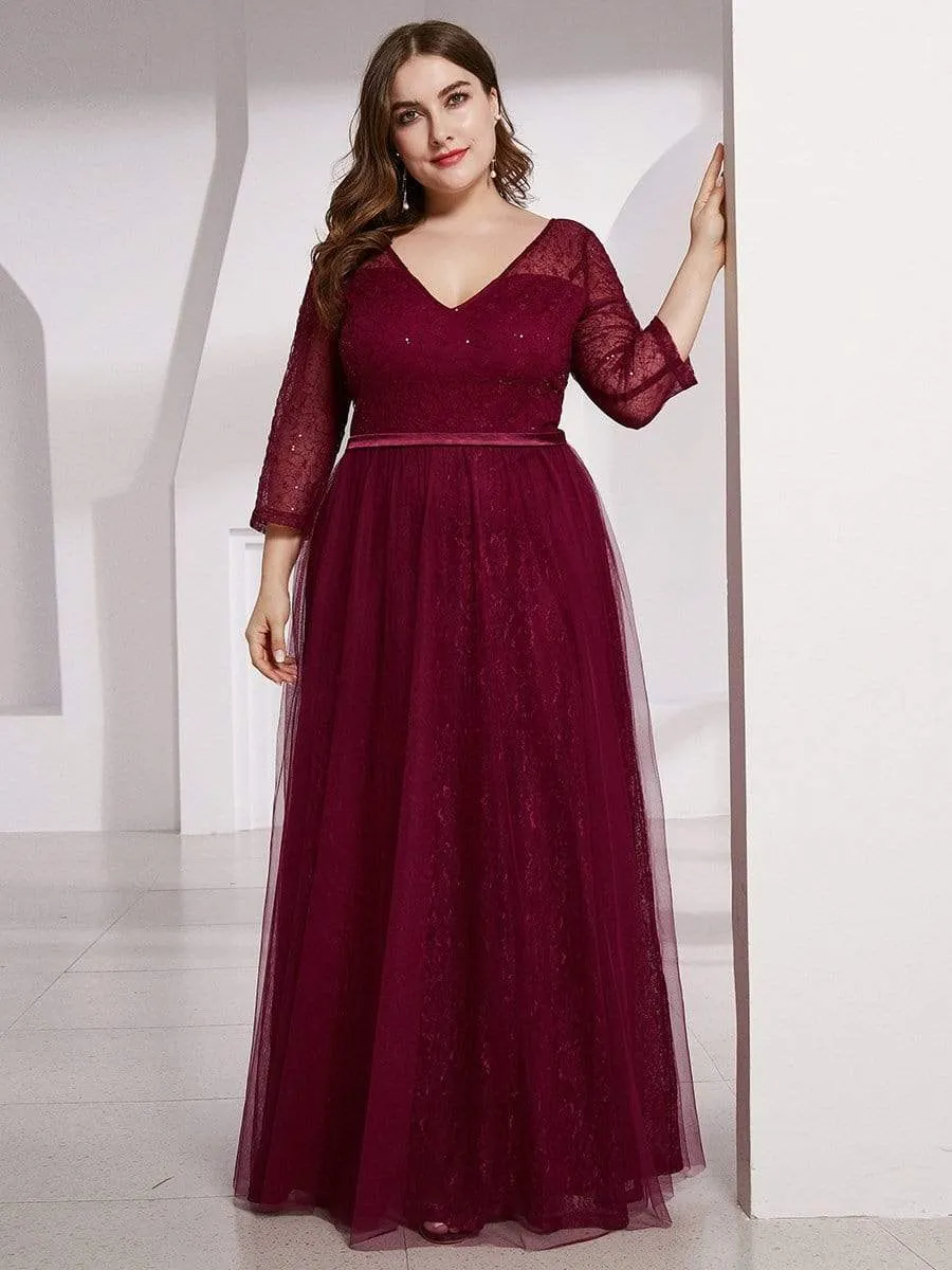 Women's V-Neck Lace Plus Size Wedding Guest Dresses with 3/4 Sleeve