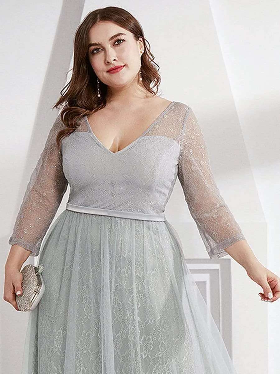 Women's V-Neck Lace Plus Size Wedding Guest Dresses with 3/4 Sleeve