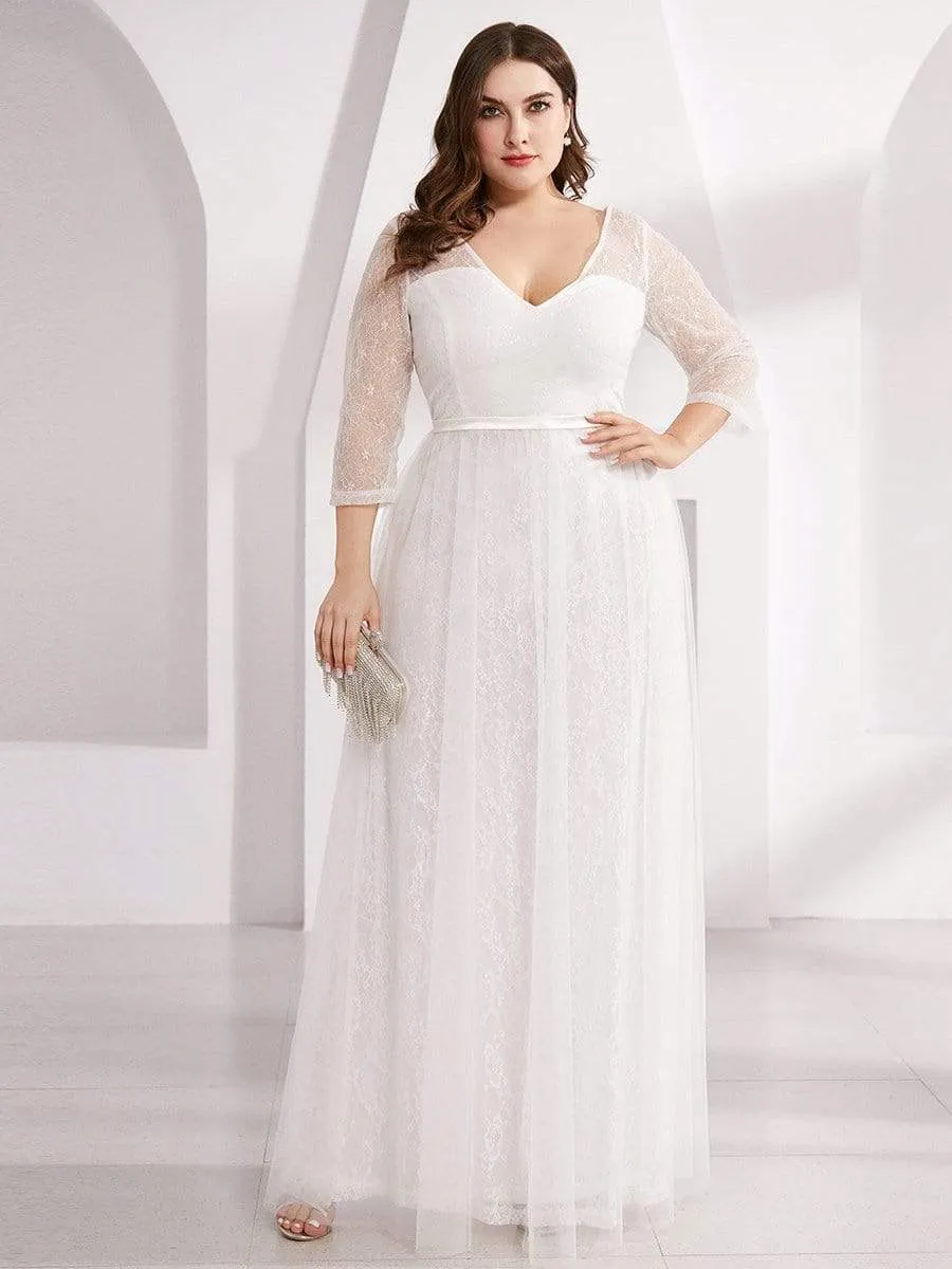 Women's V-Neck Lace Plus Size Wedding Guest Dresses with 3/4 Sleeve