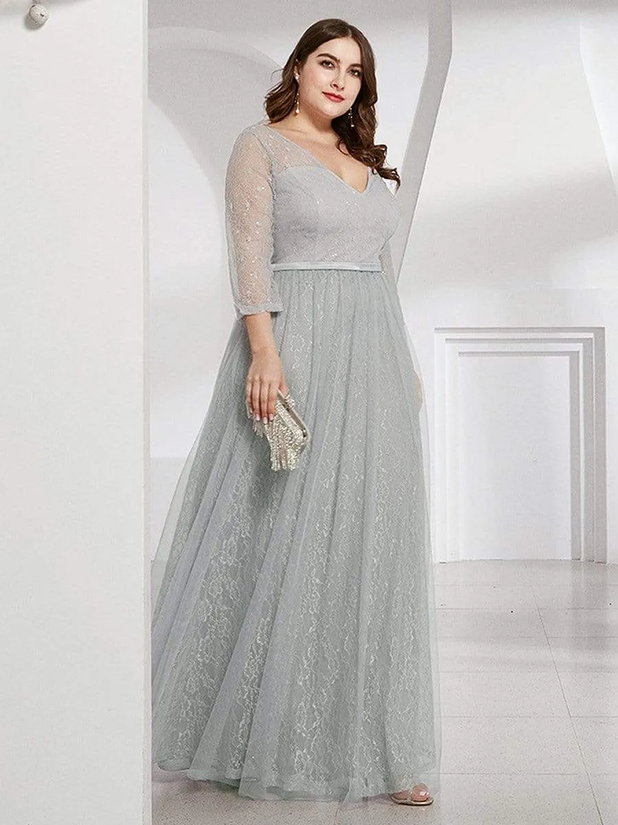 Women's V-Neck Lace Plus Size Wedding Guest Dresses with 3/4 Sleeve