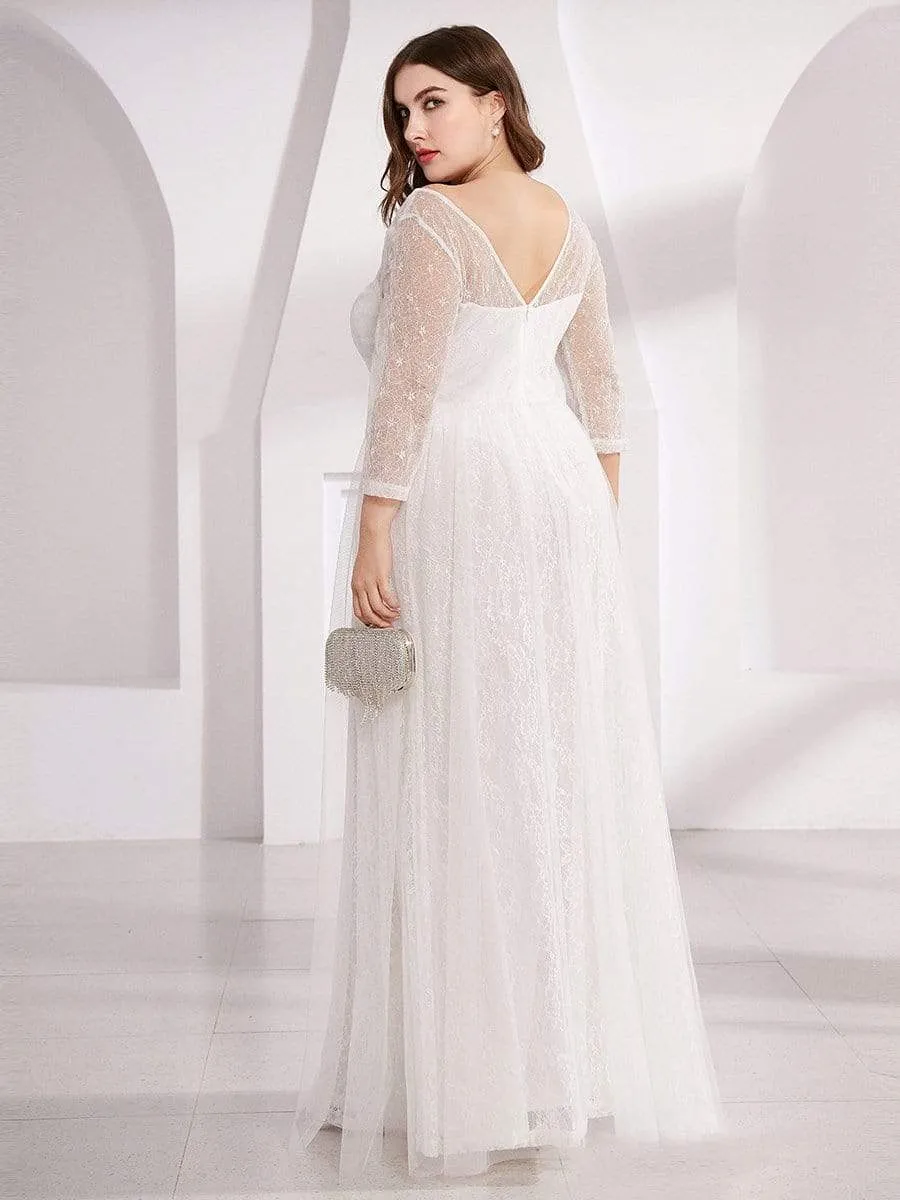 Women's V-Neck Lace Plus Size Wedding Guest Dresses with 3/4 Sleeve